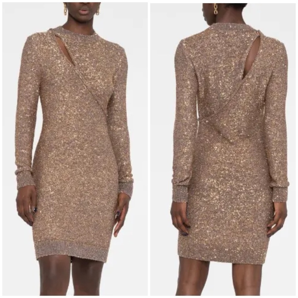 NWT Stella McCartney Sequin Embellished Knit Dress Long Sleeve Cut Out Gold 34